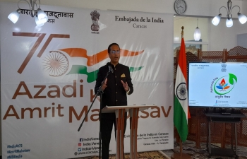 Ambassador Abhishek Singh addressing the gathering during the celebrations of the 6th Ayurveda Day at the Embassy of India, Caracas. The event was well attended by those involved with Ayurveda and Yoga in Venezuela.